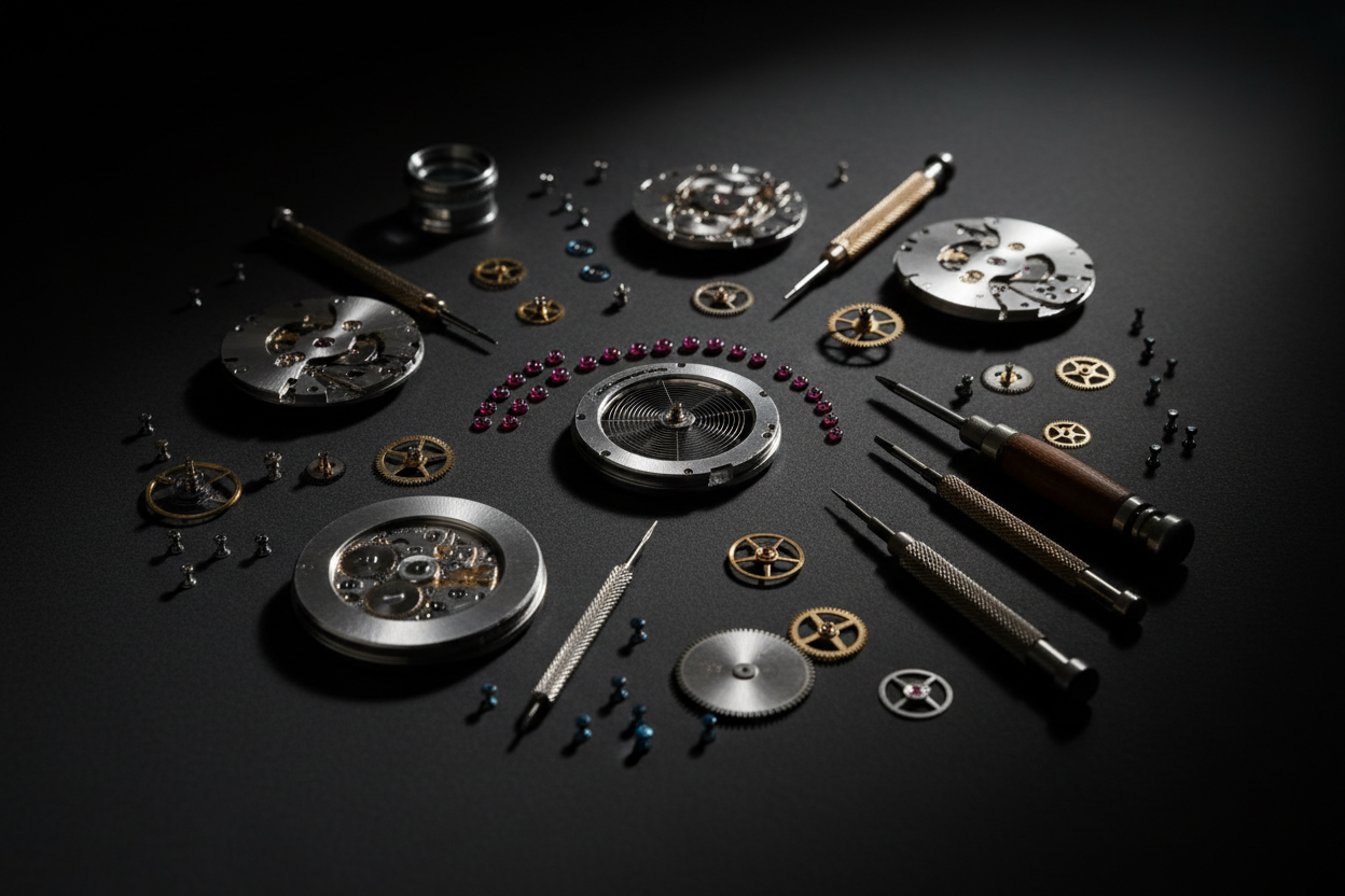 Luxury watch components on dark surface